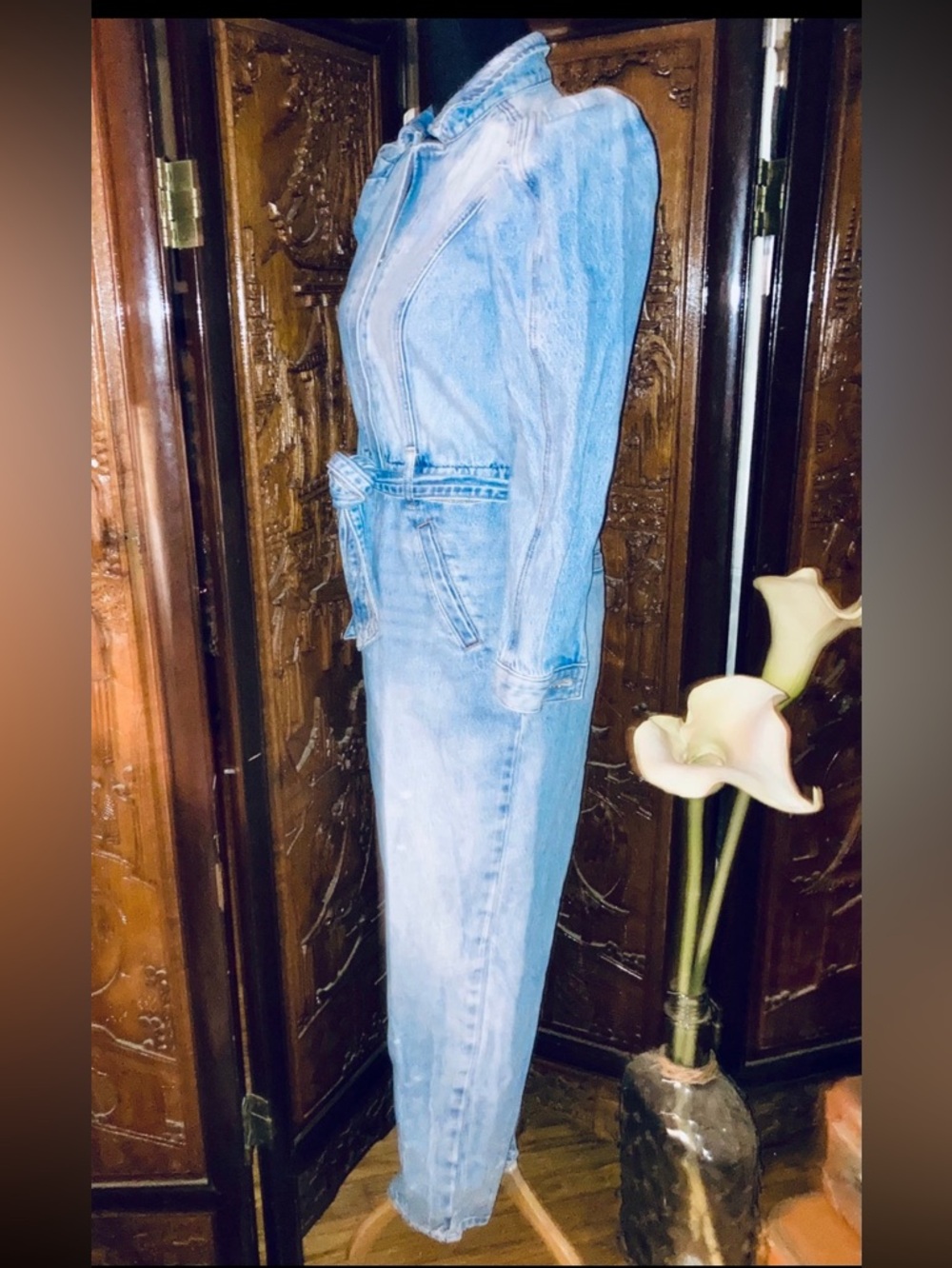 EXPRESS Y2K Retro Medium Wash Denim Jumpsuit with Tie Belt - Picture 4 of 11